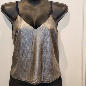 ASTR Metallic Silver & Blue Flowy V-Neck Adjustable Straps Top, Size M